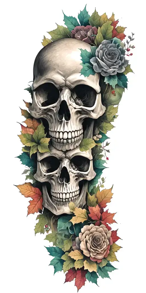 Replace flowers with fall leaves add 2 skulls remove middle skull lower jaw tattoo design idea