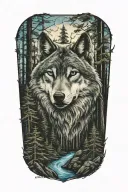 wolf blue eyes howling forest landscape tattoo design idea