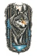 wolf blue eyes howling forest landscape tattoo design idea