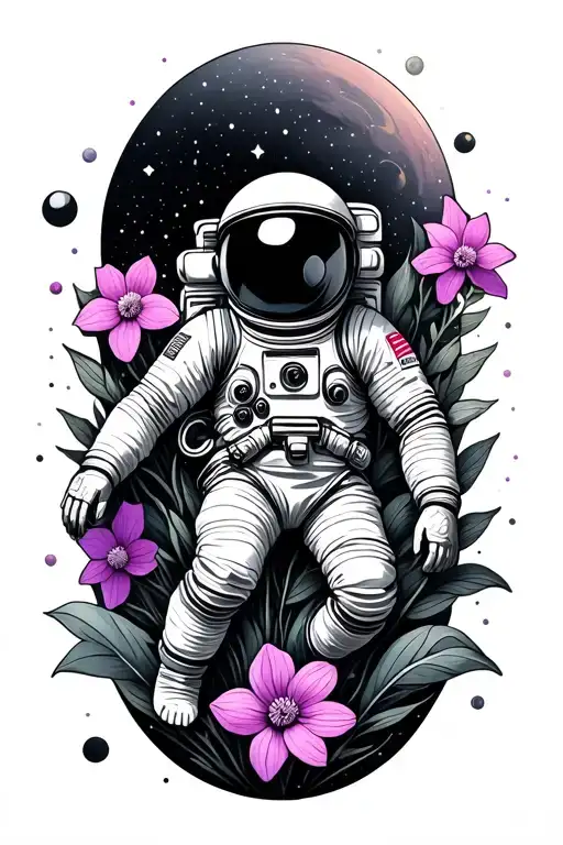 astronaut floating in space with geometric shapes surrounding and purple cosmos and pink daffodils tattoo design idea