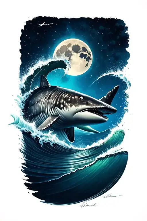 whale shark, with a c  moon, and a wave tattoo design idea