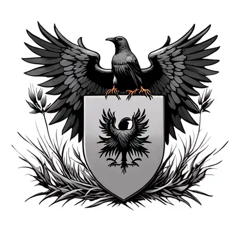 coat of arms shield with a crow perched on top with its wings spread out, and cattail, brances, leaves out the sides tattoo design idea