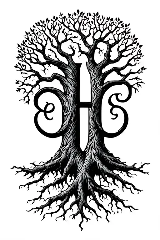 ygdrasill, the tree of life, with the roots shaped like the uppercase letter H in cursive writing tattoo design idea