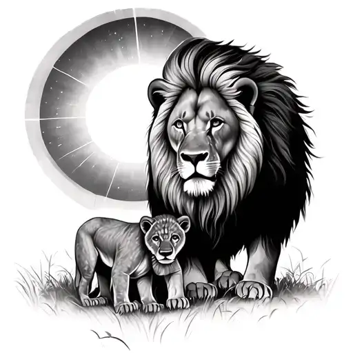 lion mom push cub to the sun rising tattoo design idea