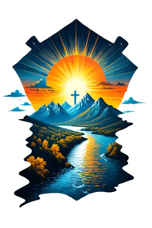 i was thinking a river leading up to some mountains w 3 crosses on the mountains and like sun rays and clouds in the sky tattoo design idea