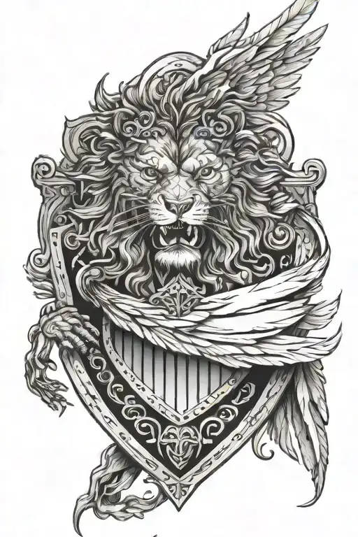  Let there be angel wings around the shield, let there be a roaring lion inside the shield tattoo design idea
