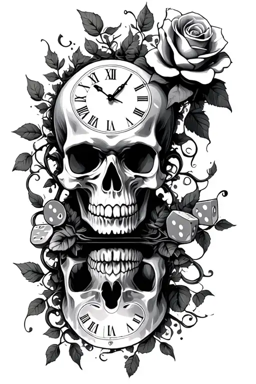 a skull with a rose and vines growing out of the head and a clock with dice in the reflection  tattoo design idea