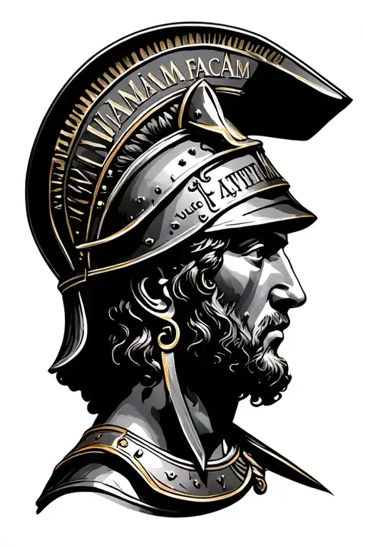 Realistic Roman soldier head with the phrase "Viam inveniam aut faciam" above tattoo design idea