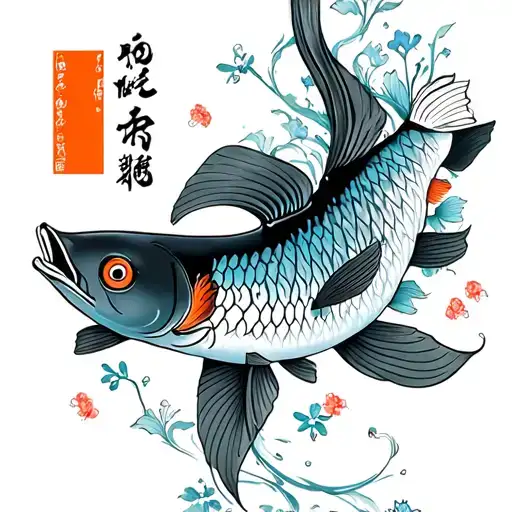a japanese style orange carp in the sea aroud flowers tattoo design idea