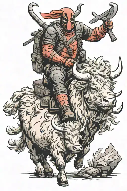 deadpool riding a highland cow tattoo design idea