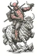deadpool riding a highland cow tattoo design idea