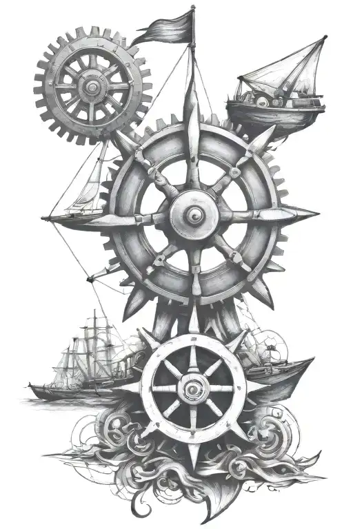 cog wheels and sail boat tattoo design idea