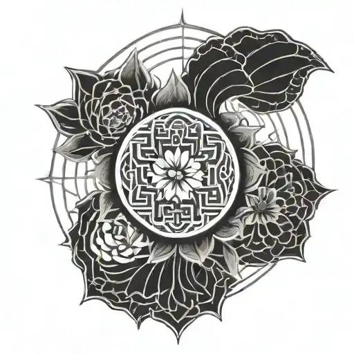 yin yang with endless knot and lotus flower  intertwined tattoo design idea