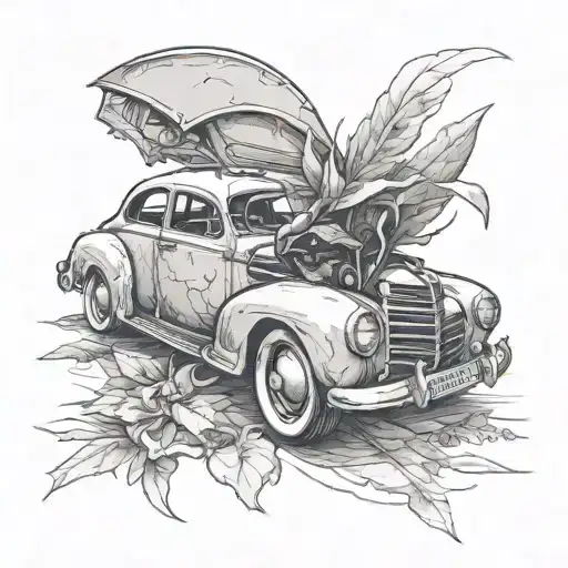 Car "Lens" (realistic texture, front side angle, front part detailing), Stretcher (stylized tattoo design idea