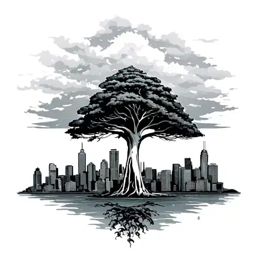 Seattle skyline and money tree growing tattoo design idea