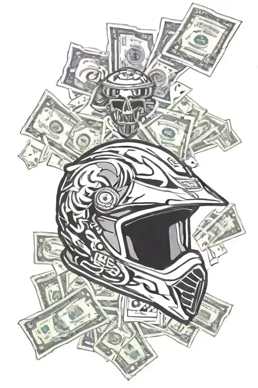 motocross helmet surrounded by english money and gambling tattoo design idea