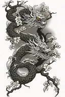 Japanese dragon Sakura tree branches behind tattoo design idea