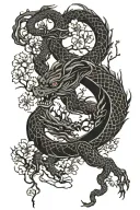 Japanese dragon Sakura tree branches behind tattoo design idea
