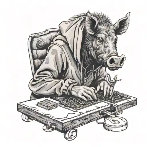 a boar warthog in a hoodie sitting at a typewriter from which a lighthouse climbs out tattoo design idea