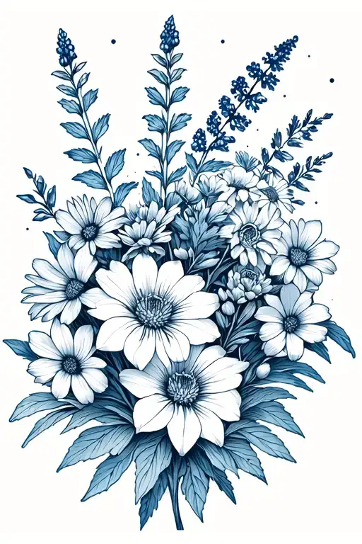 fine line bouquet of asters, delphinium, water lilies and morning glory flowers, Leo and Virgo constellations tattoo design idea