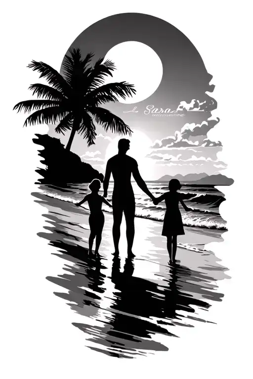 "Para Siempre" sunset beach scheme black sillhouete.  Girl, Man, Boy holding hands. tattoo design idea