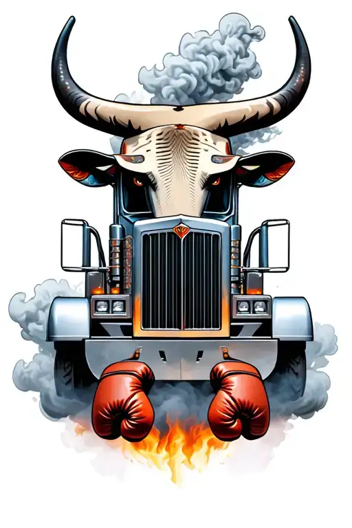 semi truck bull rider and boxing gloves coming out of smoke tattoo design idea