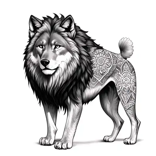 lion and wolf and mandalas tattoo design idea