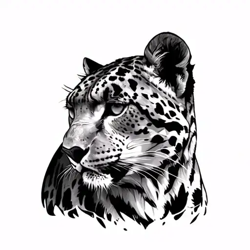 snow leopard from the side in traditional style, simple black and white tattoo design idea