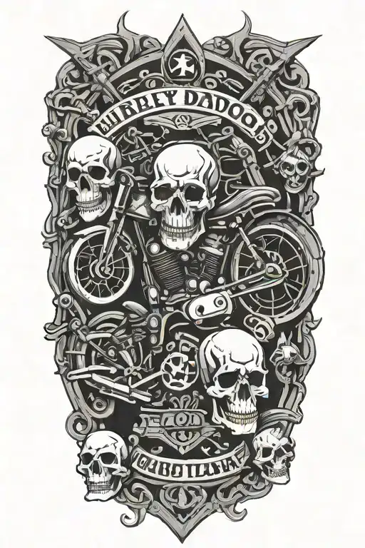 harley davidson style with skulls and railroad tracks tattoo design idea