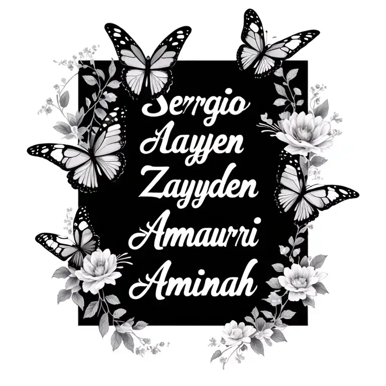 "Sergio Zayden Amauri Aminah " "Sergio Zayden Amauri Aminah " 4 children's name incorporated with butterflies and flowers  tattoo design idea