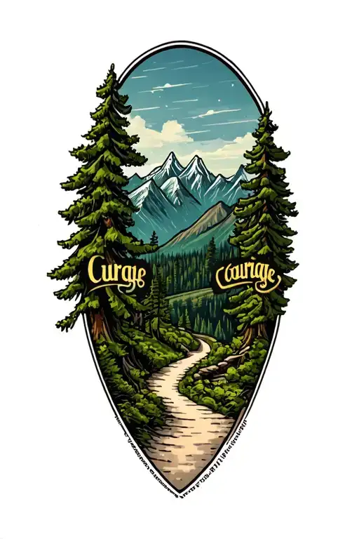 "Courage" Winding Road and pine trees into mountains  tattoo design idea