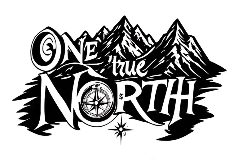 "One true North" compass and mountains tattoo design idea