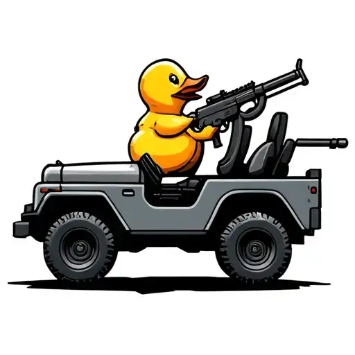 rubber duck driving a jeep with an assault rifle simple tattoo design idea