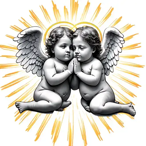 2 baby angels praying with halos with sun rays tattoo design idea
