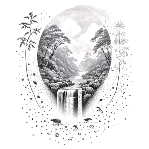 A dotwork tattoo illustrating a mystical South American rainforest with vibrant wildlife and cascading waterfalls tattoo design idea