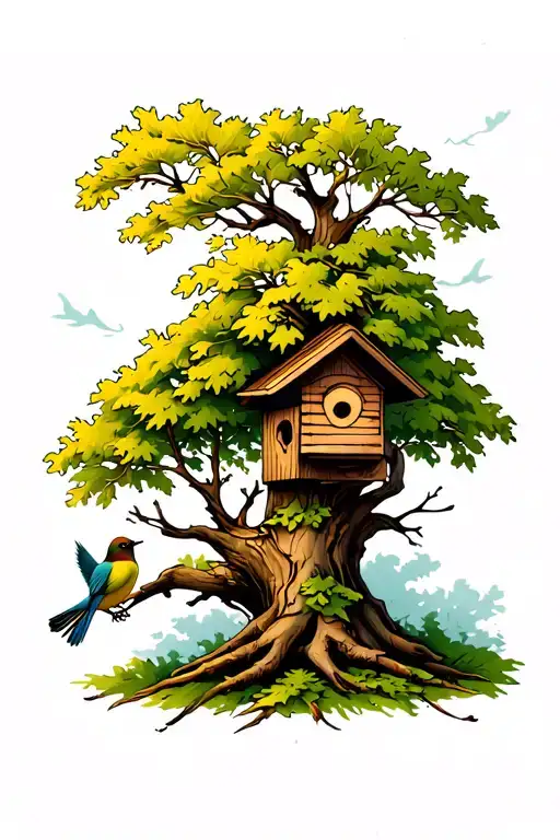 oak tree with small birdhouse tattoo design idea