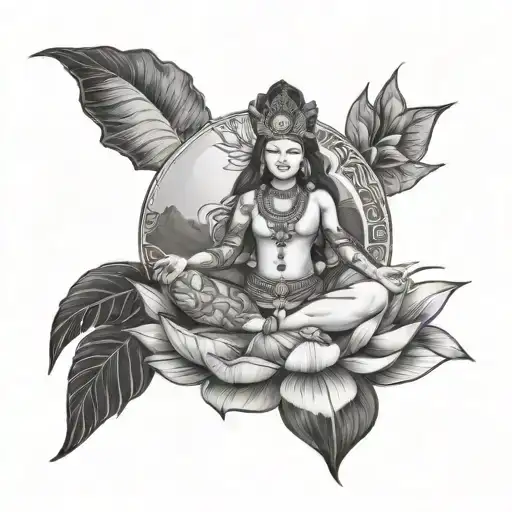 beautiful pachamama  sit on lotus holding the earth with mountain background tattoo design idea