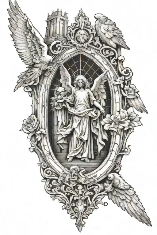 cathedral windows with fallen angel tattoo design idea