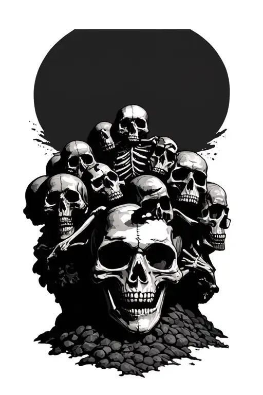 skeleton on a mound of skulls representing dark periods tattoo design idea