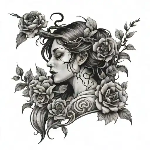 girl flowers branches in hell tattoo design idea