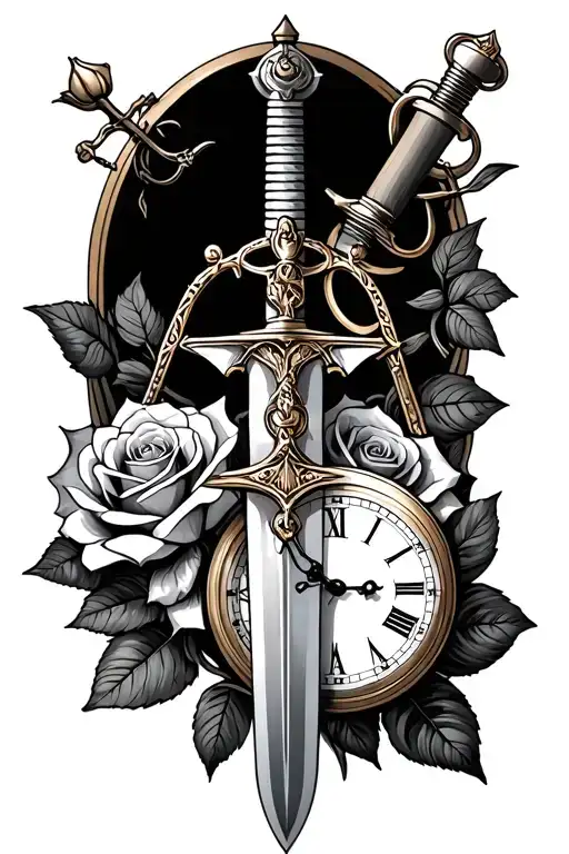 sword and hallows and roses and pocket watch tattoo design idea