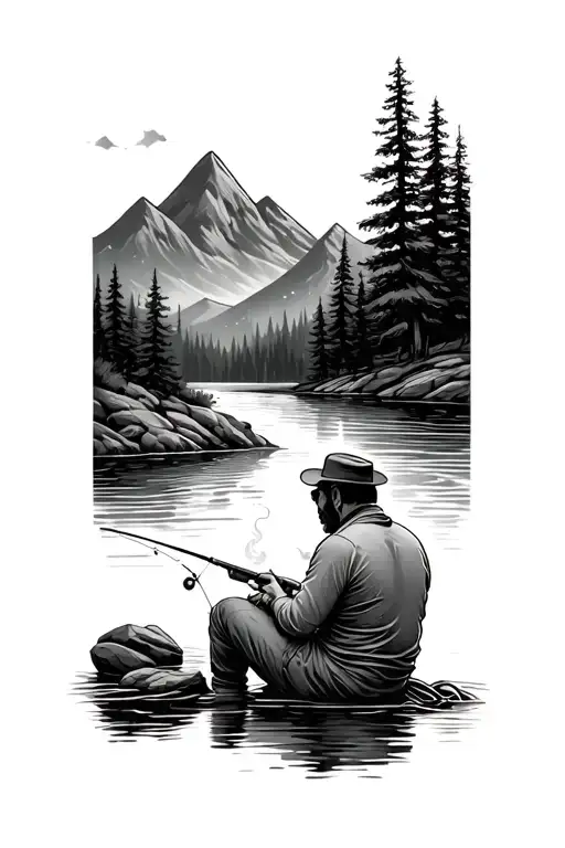 tatto of man sitting by a river smoking and fishing with mountain and trees n backroumd tattoo design idea