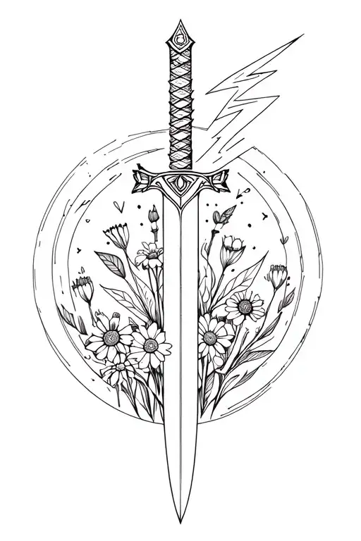 dagger with lightning bolt surrounded wildflowers growing with mandala background and a bpd theme tattoo design idea