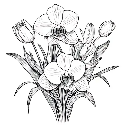 bouquet of orchids and tulips tattoo design idea
