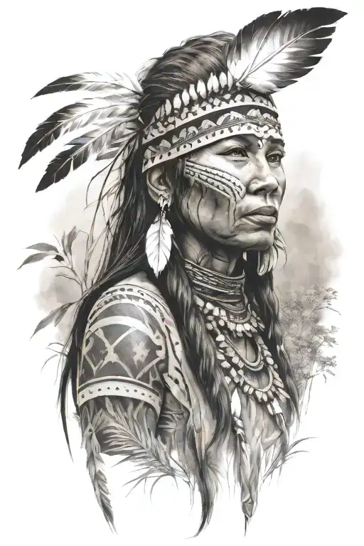 alluring native american woman, river, meadow tattoo design idea