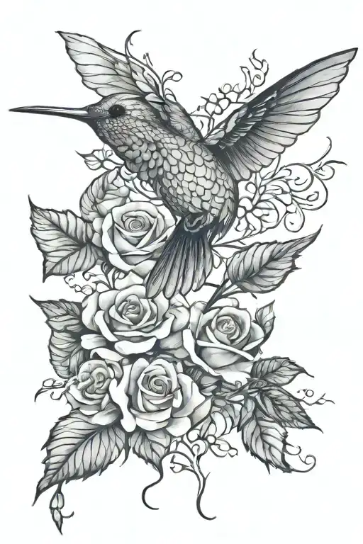 ROSES WITH IVY SMALL HUMMINGBIRD Watercolor Bird tattoo design idea