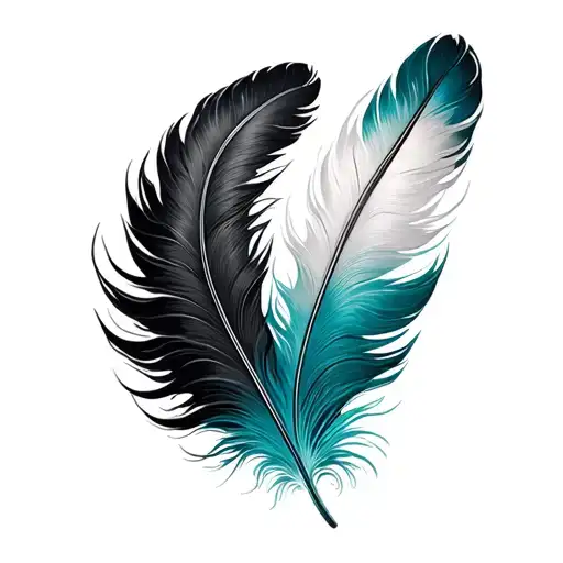 black, white and teal curved feather feather feather tattoo design idea
