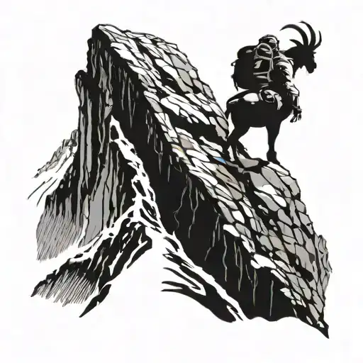 A silhouette of a hiker reaching the summit of a mountain peak, with a rocky mountain goat standing beside them tattoo design idea