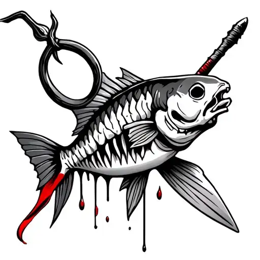 Skeleton fish, hook + knife crossed, or a harpoon with blood drip. tattoo design idea
