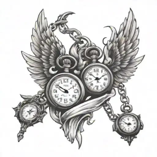 melting pocket watches with wings tattoo design idea